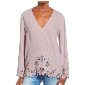Anthro ASTR Lavender Embroidered Bell Sleeve Top